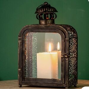 Antique-Style Black Metal Candle Lantern with Glass Panels